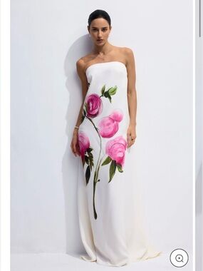 SUNFERE nwt Dorothy Satin Strapless White Maxi Dress Pink Floral Print Resort